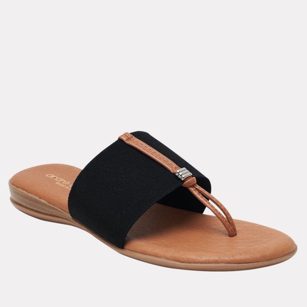 Andre Assous Womens Elastic Band Thong Sandals Black Tan Made in Spain Size 8